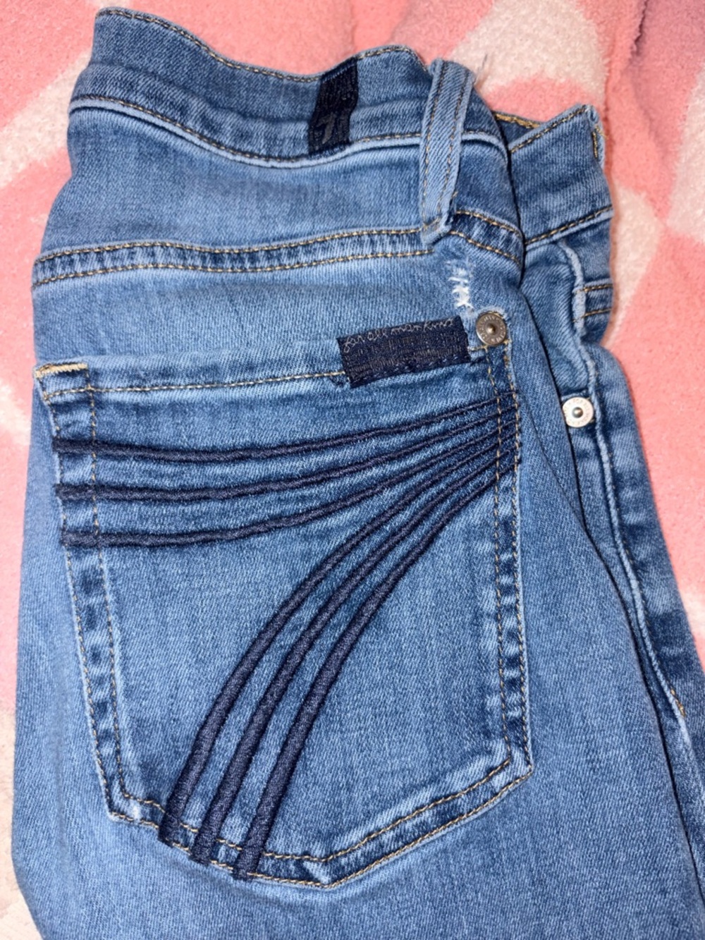 7 For All Mankind Light Blue Boot Cut Jeans with Dark Blue Stitching